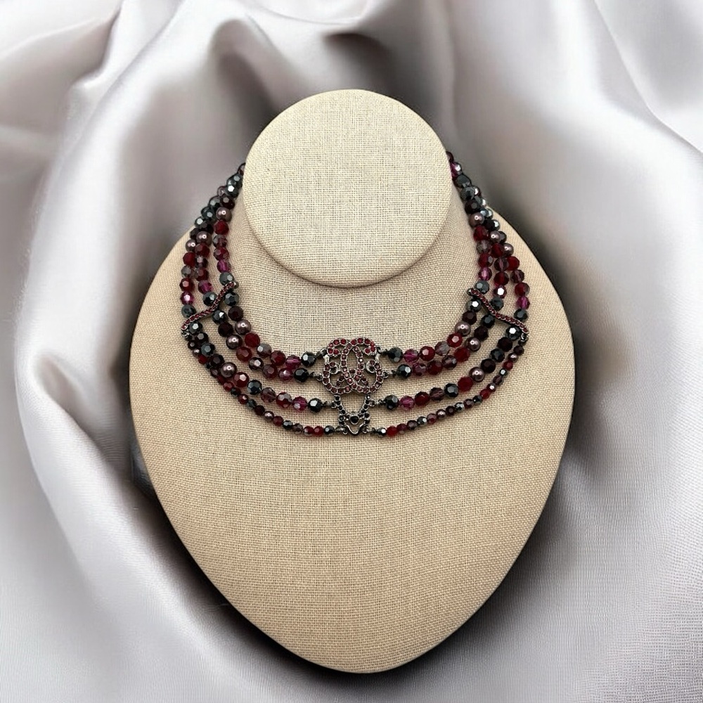 Swarovski Swan Logo Multi Strand Crystal Choker Necklace – Garnet, Amethyst Tone